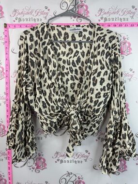 And Andrea blouse top bell bottom sleeves, Cream Leopard Tie-Front Blouse